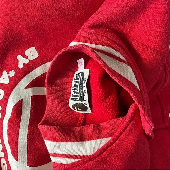 BAPE sz XS Baby Milo Red Baseball Jacket White Sleeves Fleece Bathing Ape Japan - Picture 9 of 11